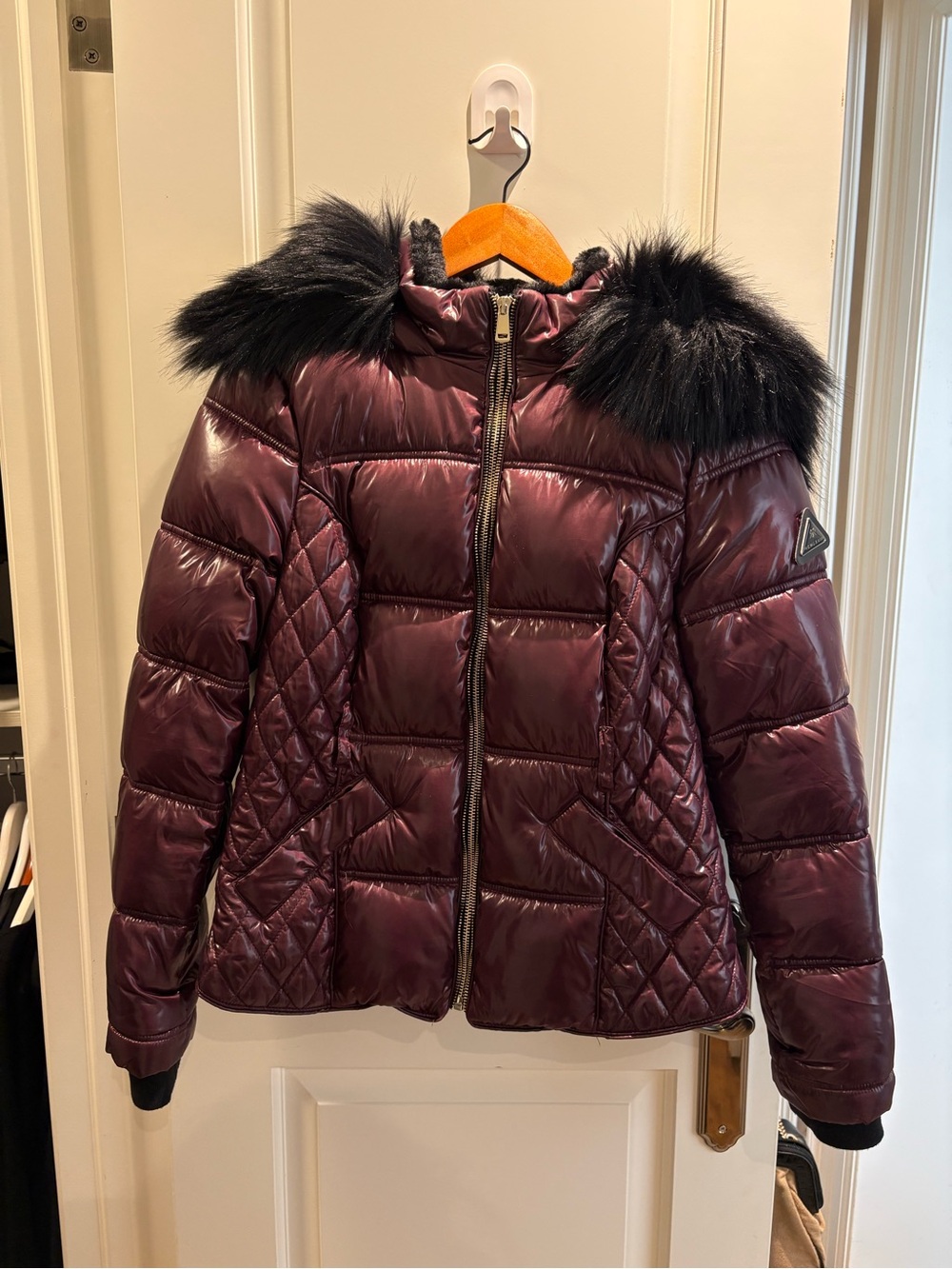 River Island Quilted Puffer Jacket with Faux Fur Trim - Plum and Black